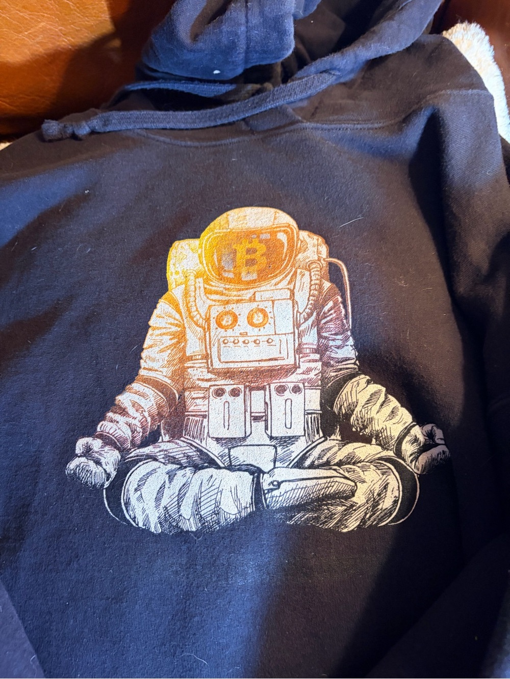 Black bitcoin Hoodie with Gradient Astronaut Graphic